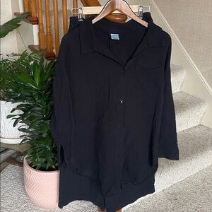 (2) Shade & Shore Black Waffle Knit Drawstring Cotton Gauze Joggers & Top